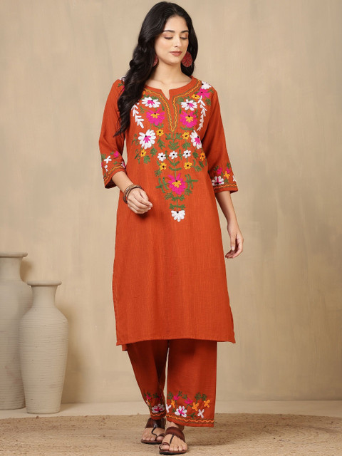 HERE&NOW Women Ethnic Motifs Embroidered Regular Pure Cotton Kurta with Trousers