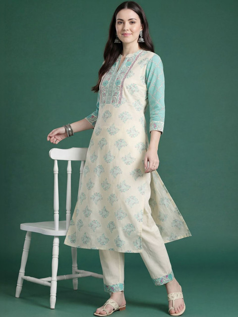 Indo Era Women Floral Printed Regular Beads and Stones Pure Cotton Kurta with Trousers - Image 3