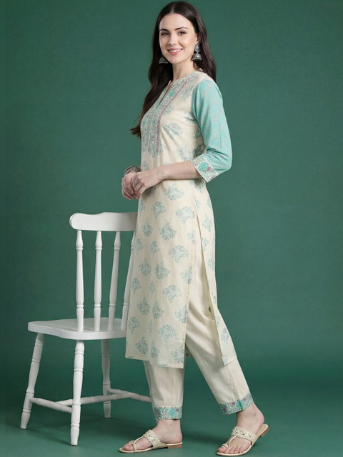 Indo Era Women Floral Printed Regular Beads and Stones Pure Cotton Kurta with Trousers - Image 4