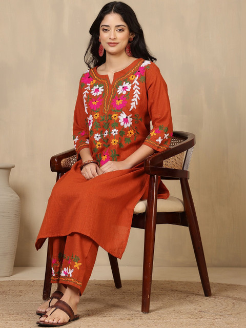 HERE&NOW Women Ethnic Motifs Embroidered Regular Pure Cotton Kurta with Trousers - Image 5