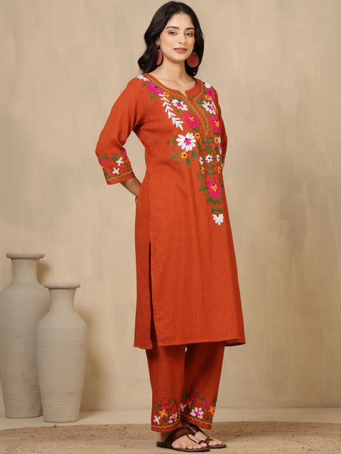 HERE&NOW Women Ethnic Motifs Embroidered Regular Pure Cotton Kurta with Trousers - Image 6