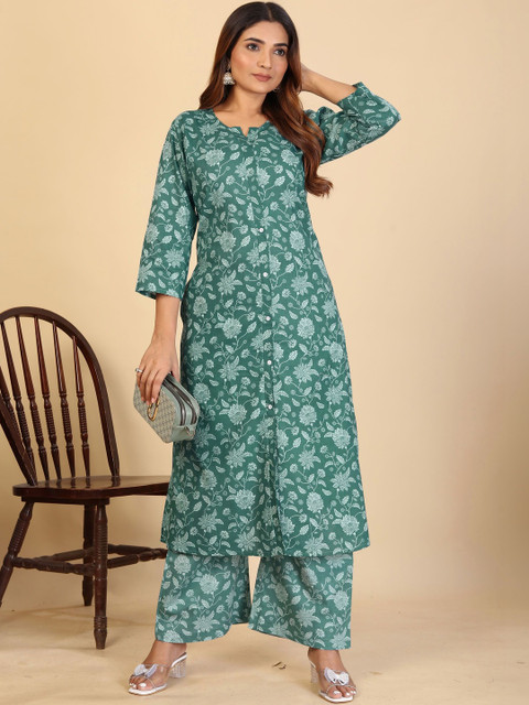 Sangria Romantic Florals Cotton Printed Tunic with Trousers