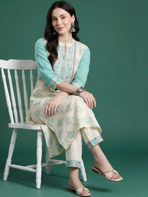 Indo Era Women Floral Printed Regular Beads and Stones Pure Cotton Kurta with Trousers