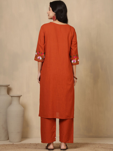HERE&NOW Women Ethnic Motifs Embroidered Regular Pure Cotton Kurta with Trousers - Image 2