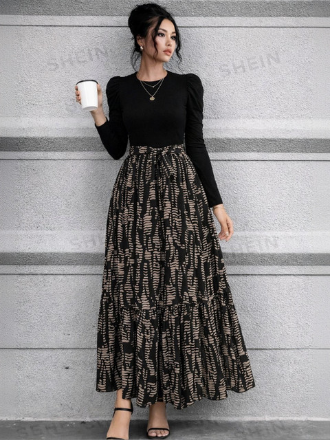 HOOk i Print Puff Sleeve Fit & Flare Maxi Dress