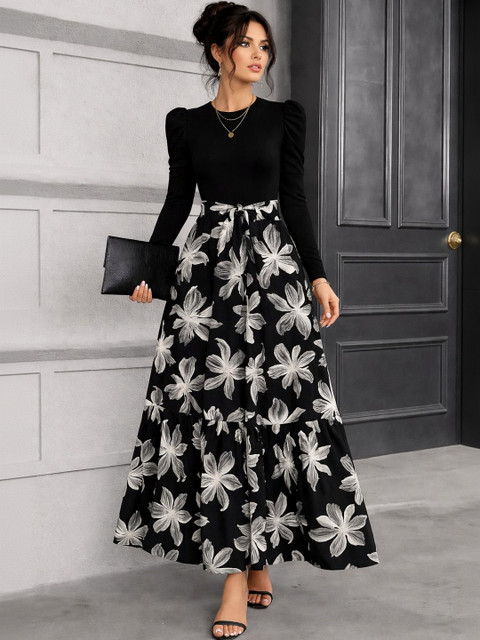 HOOk i Print Puff Sleeve Fit & Flare Maxi Dress