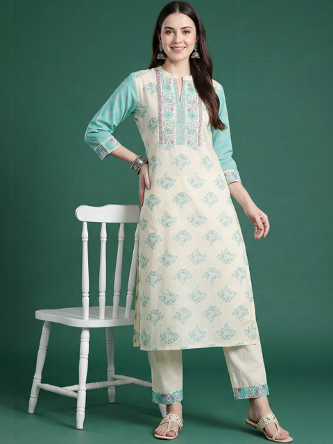Indo Era Women Floral Printed Regular Beads and Stones Pure Cotton Kurta with Trousers - Image 5