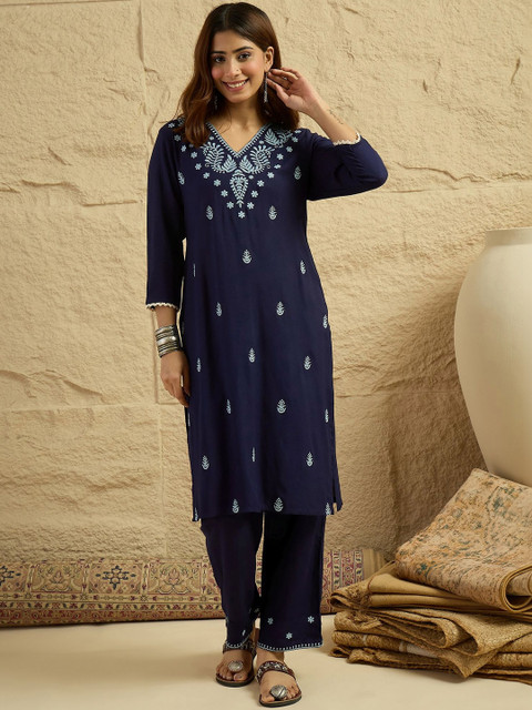 Anouk Women Embroidered Regular Thread Work Kurta with Trousers