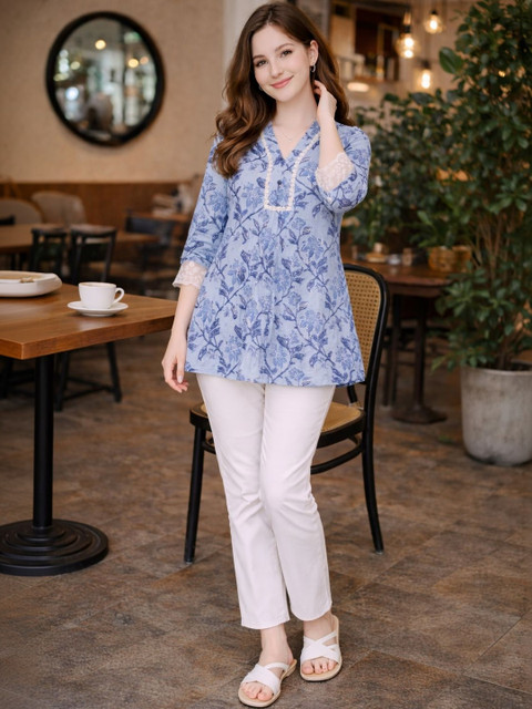 KALINI Floral Print Mandarin Collar Ethnic Cotton Blend Peplum Top