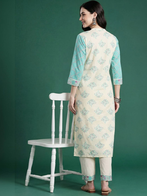Indo Era Women Floral Printed Regular Beads and Stones Pure Cotton Kurta with Trousers - Image 6