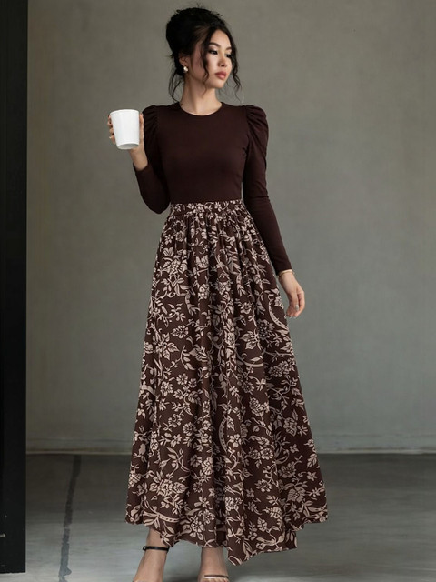 HOOk i Print Puff Sleeve Fit & Flare Maxi Dress