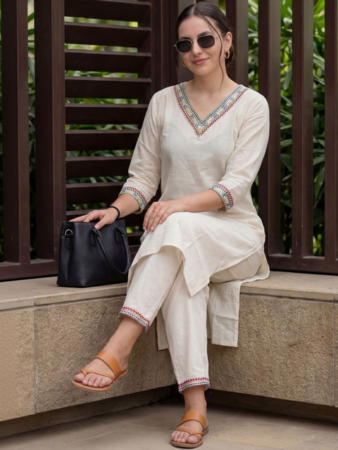 Indo Era White Embroidered Straight Co-ords Set