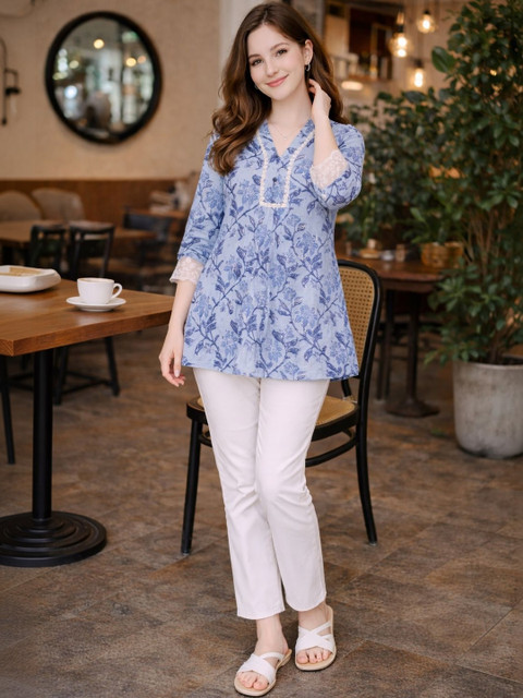 Merira Floral Print Mandarin Collar Ethnic Cotton Blend Peplum Top