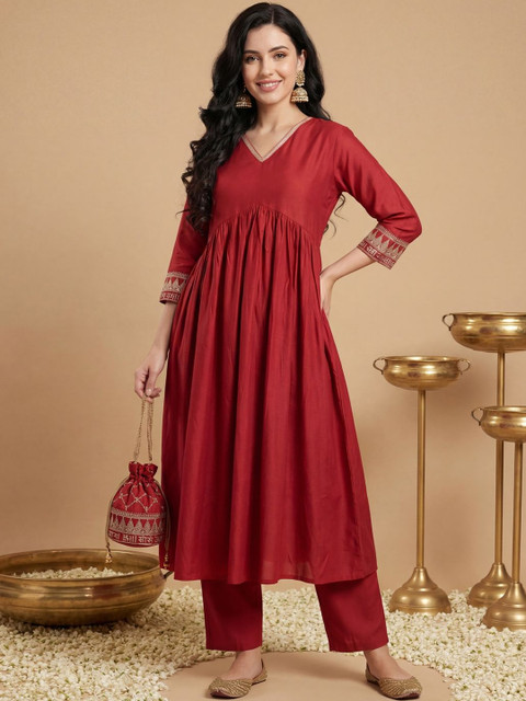 Indo Era Red Embroidered A-Line Co-ords Set