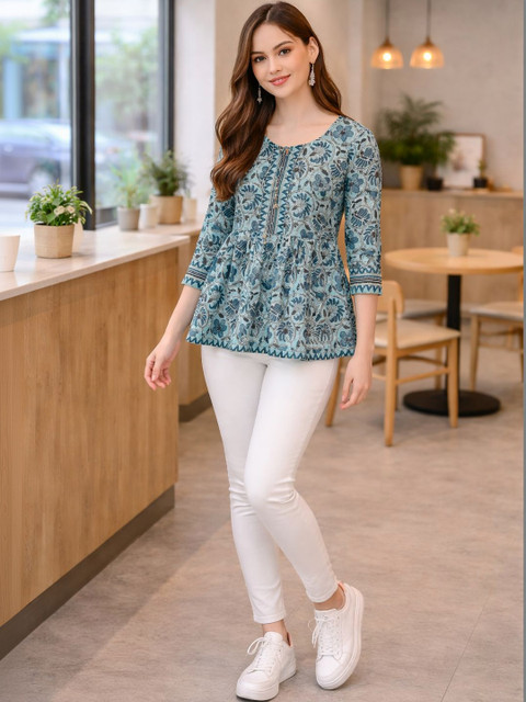 Merira Floral Print Tie-Up Neck Ethnic Cotton Blend Peplum Top