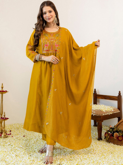 SKYLEE Women Embroidered Regular Kurta with Trousers & With Dupatta