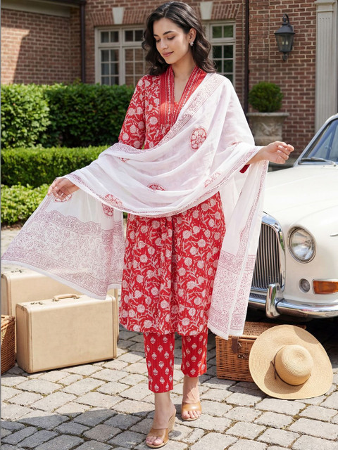 Indo Era Women Floral Printed Pleated Beads and Stones Pure Cotton Kurta with Trousers & With Dupatta