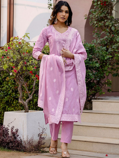SKYLEE Women Printed Regular Pure Cotton Kurta with Trousers & With Dupatta