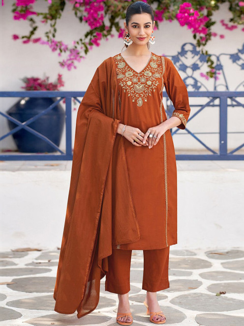 SKYLEE Women Embroidered Regular Pure Cotton Kurta with Trousers & With Dupatta