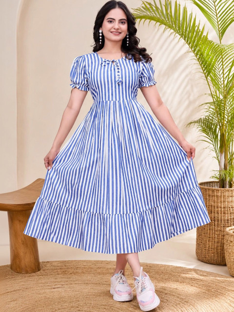 QENA Striped Puff Sleeve A-Line Midi Dress