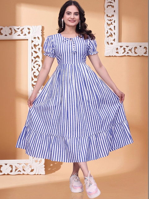 QENA Striped Tie-Up Neck Puff Sleeve Fit & Flare Dress