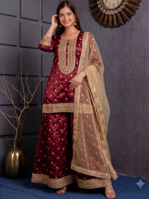 ftDiva Women Ethnic Motifs Embroidered Regular Kurta with Sharara & With Dupatta