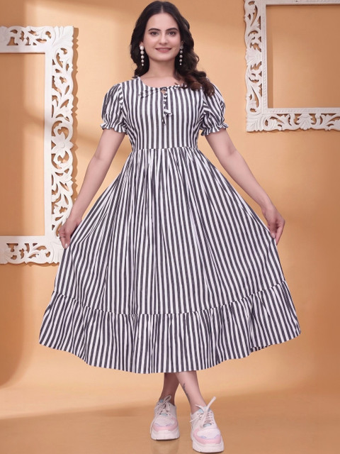 QENA Striped Peter Pan Collar Puff Sleeve A-Line Midi Dress