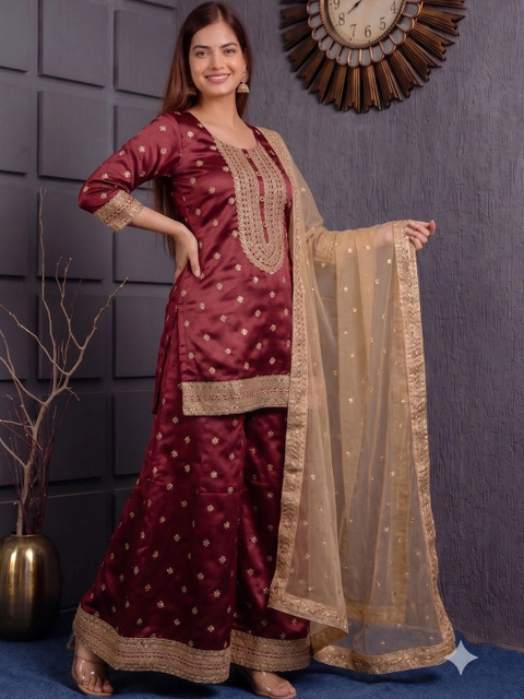 ftDiva Women Ethnic Motifs Embroidered Regular Kurta with Sharara & With Dupatta - Image 5