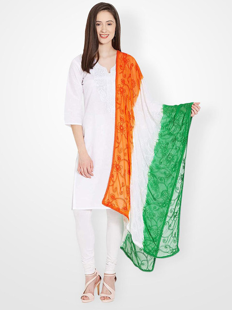Dupatta Bazaar White & Green Woven Design Dupatta with Thread Work