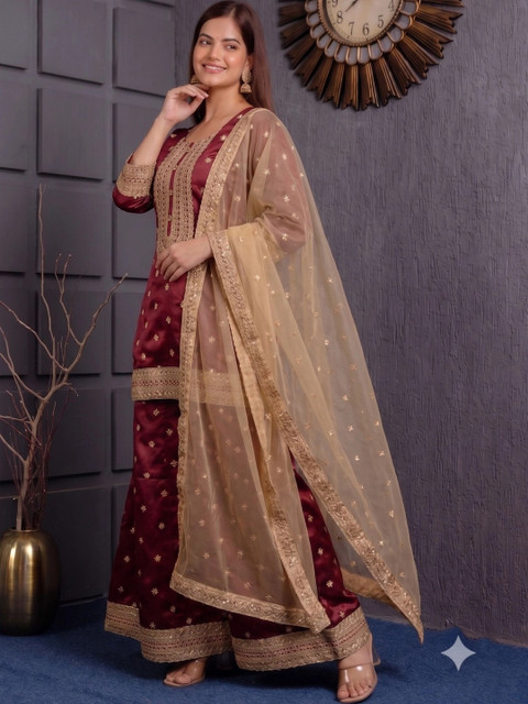 ftDiva Women Ethnic Motifs Embroidered Regular Kurta with Sharara & With Dupatta - Image 3