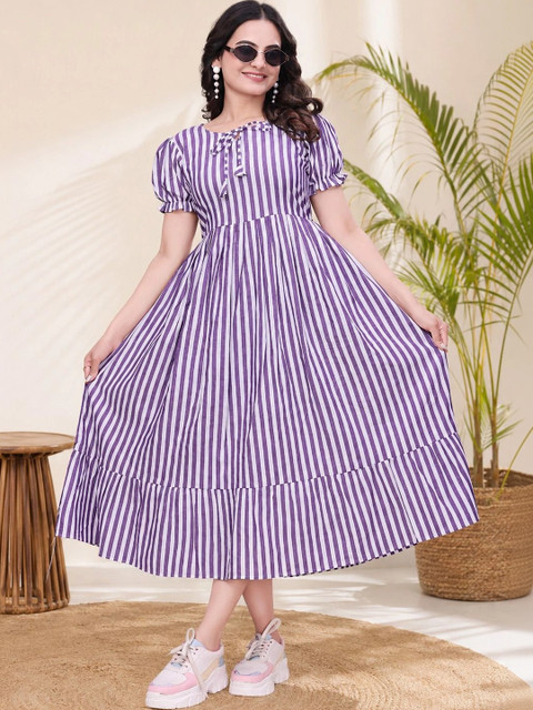 QENA Striped Puff Sleeve A-Line Midi Dress