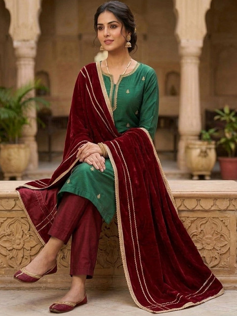GLOBAL DRESS Embroidered Velvet Blend Dupatta with Thread Work - Image 3