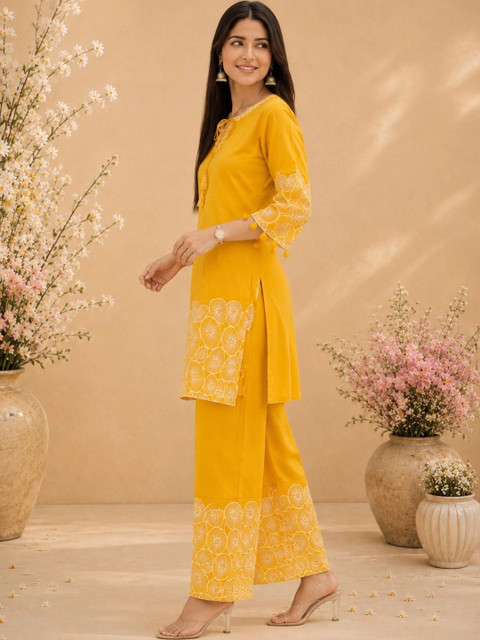Araaha Cotton Embroidered Tunic with Palazzos - Image 3