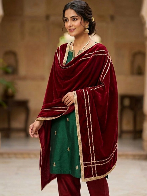 GLOBAL DRESS Embroidered Velvet Blend Dupatta with Thread Work - Image 2