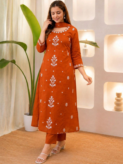 HERE&NOW Women Ethnic Motifs Embroidered Kurta with Trousers & Dupatta - Image 2