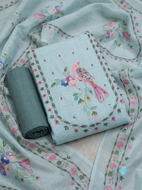 THE ASSTAG Printed Linen Semi-Stitched Dress Material