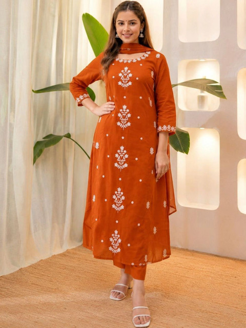 HERE&NOW Women Ethnic Motifs Embroidered Kurta with Trousers & Dupatta - Image 6