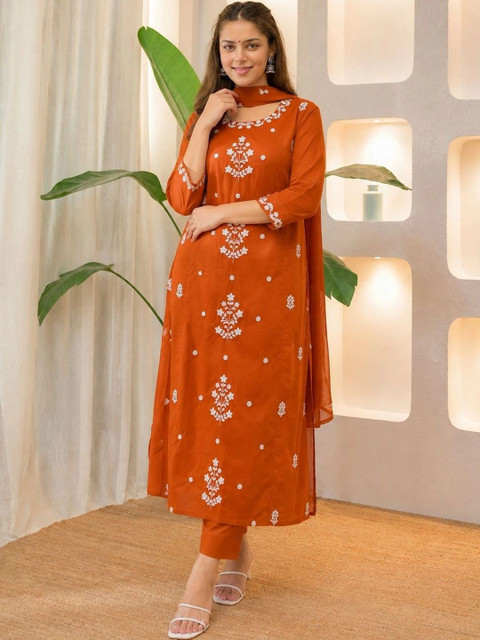 HERE&NOW Women Ethnic Motifs Embroidered Kurta with Trousers & Dupatta - Image 7