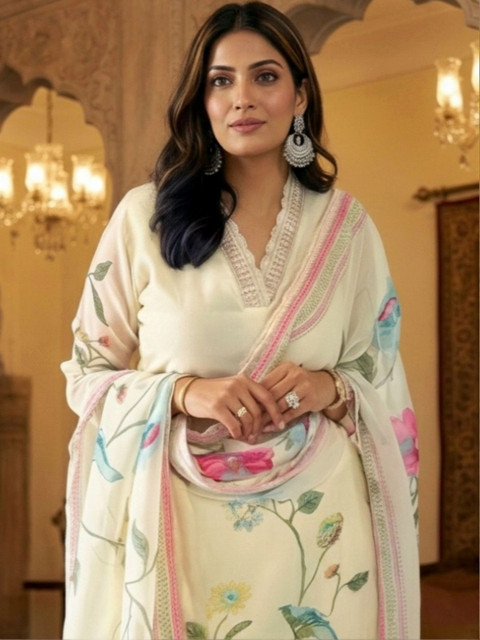 Royal Export Floral Printed Organza Kurta With Trousers & Dupatta
