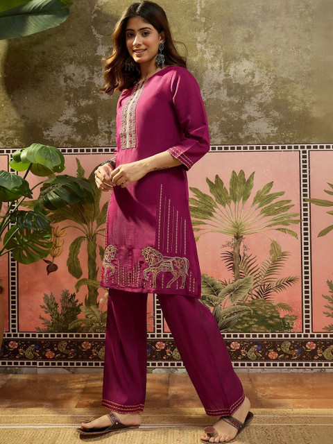 Sangria Women Embroidered Pure Silk Tunic with Trousers - Image 3