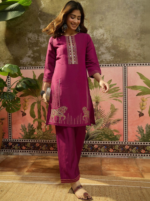 Sangria Women Embroidered Pure Silk Tunic with Trousers - Image 7