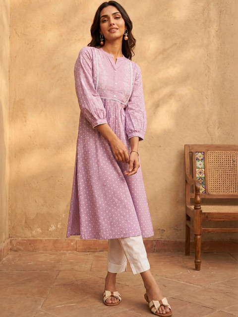 Janasya Printed Lavender Embellished Mandarin Collar Thread Work Cotton A-Line Kurta