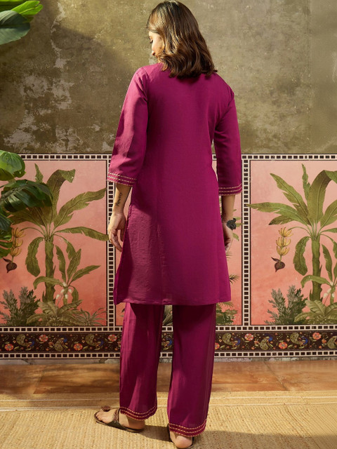 Sangria Women Embroidered Pure Silk Tunic with Trousers - Image 2