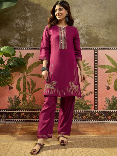 Sangria Women Embroidered Pure Silk Tunic with Trousers