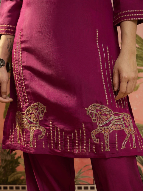 Sangria Women Embroidered Pure Silk Tunic with Trousers - Image 6