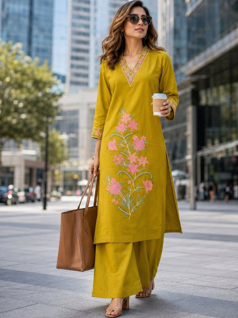 KALINI Bohemian Cotton Embroidered Tunic with Palazzos