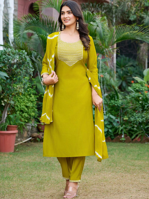 Anouk Women Ethnic Motifs Embroidered Regular Thread Work Kurta with Trousers & With Dupatta