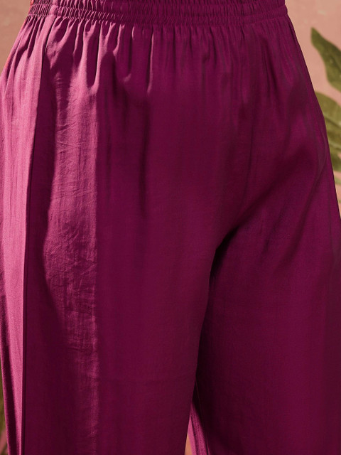 Sangria Women Embroidered Pure Silk Tunic with Trousers - Image 4