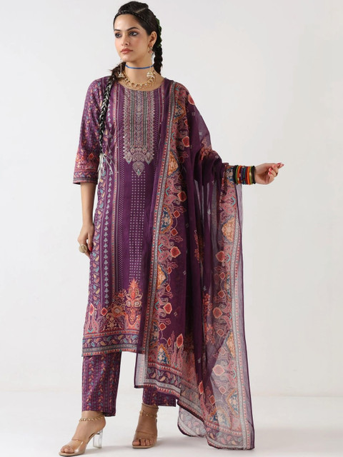 SOURAGYA Women Ethnic Motifs Printed Regular Pure Cotton Kurta with Trousers & With Dupatta