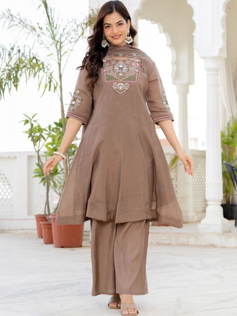 Liliba Embroidered Round Neck Straight Kurta & Palazzos With Dupatta